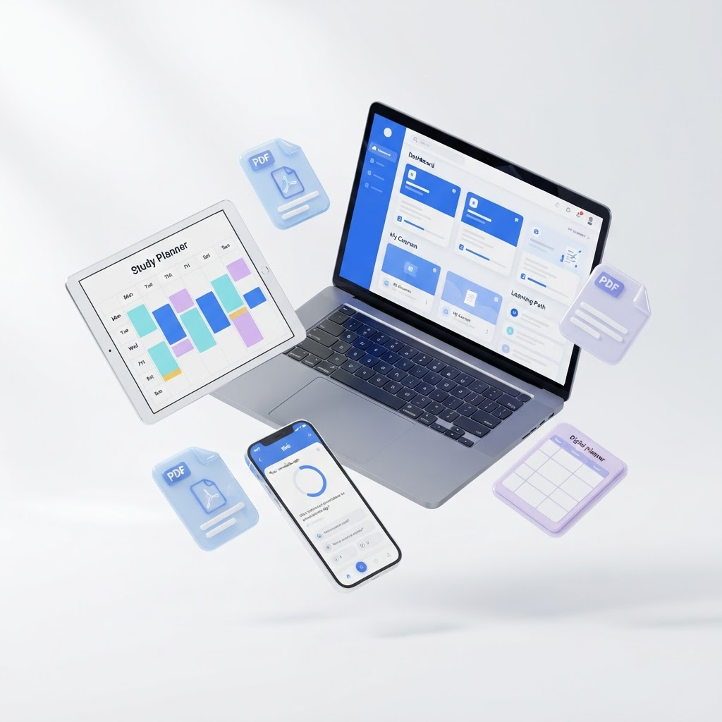 Notebook, tablet e celular exibindo os ebooks em PDF do Intensivo ENEM em 120 Dias